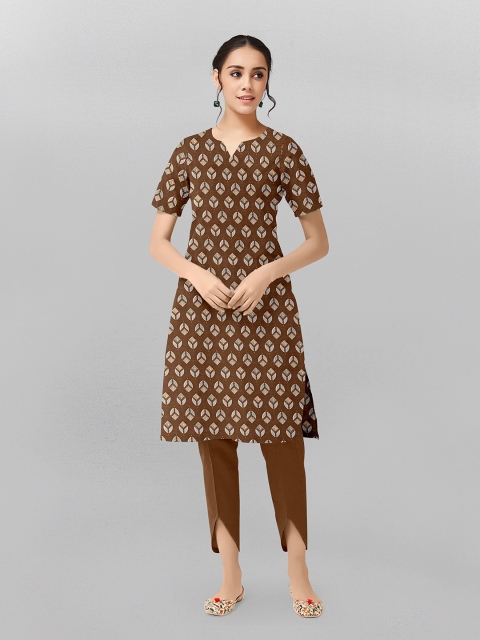 

Fashion FRICKS Coffee Brown & Grey Geometric Printed Pure Cotton Kurti