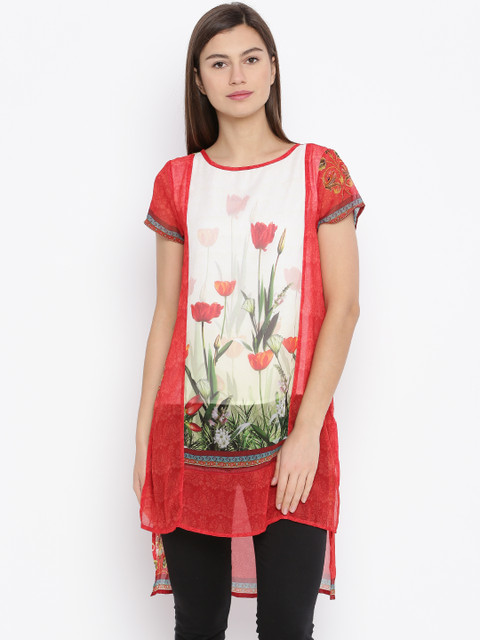 

Fusion Beats Red & Cream-Coloured Printed Sheer High-Low Tunic