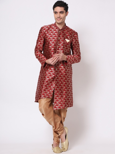 

TORO Men Maroon Floral Printed Mirror Work Anarkali Kurta