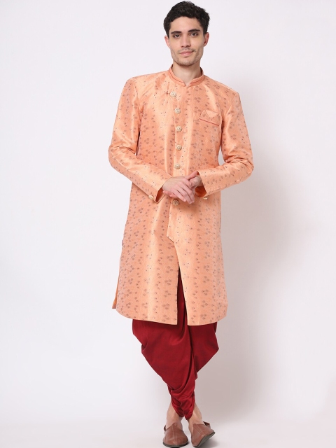 

TORO Men Peach-Coloured Geometric Thread Work Kurta
