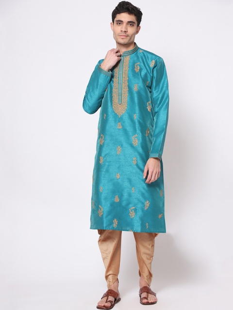 

TORO Men Turquoise Blue Flared Sleeves Thread Work Kurta