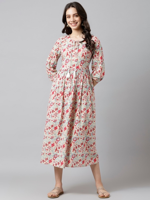 

DECKEDUP Women Cream-Coloured Floral Tie-Up Neck A-Line Cotton Midi Dress