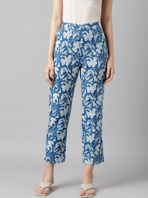 

DECKEDUP Women Blue Floral Printed Relaxed Trousers