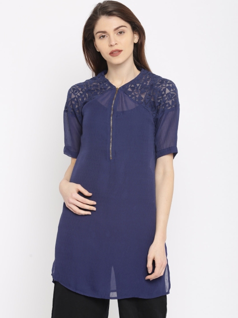 

Fusion Beats Women Navy Solid Sheer Tunic, Navy blue