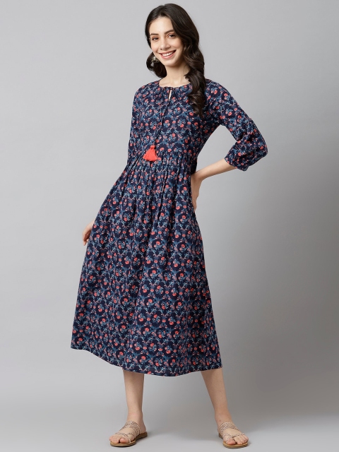 

DECKEDUP Women Blue Floral Keyhole Neck A-Line Midi Dress