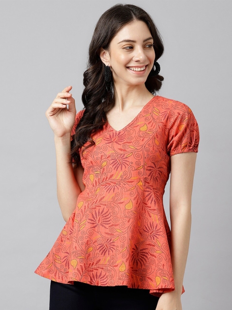 

DECKEDUP Women Red Print Cotton Peplum Top