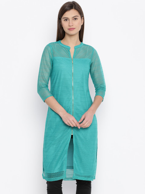

Fusion Beats Women Turquoise Blue Self-Striped Kurta