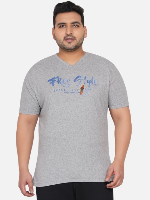 

Santonio Plus Size Men Grey Typography Printed V-Neck Cotton T-shirt
