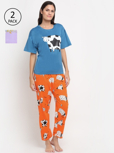 

KLOTTHE Women Lavender & Blue Pack Of 2 Printed Night suit