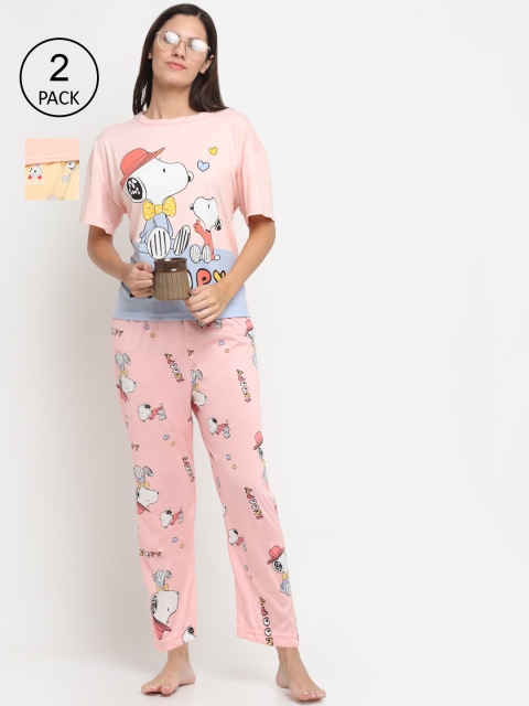 

KLOTTHE Women Pack of 2 Pink & Yellow Printed 3 Pc Night suit