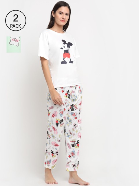 

KLOTTHE Women Pack Of 2 White & Green Printed 3 Piece Night suit
