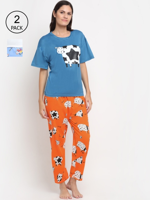 

KLOTTHE Women Set Of 2 3 Piece Blue & White Printed Night suit Set