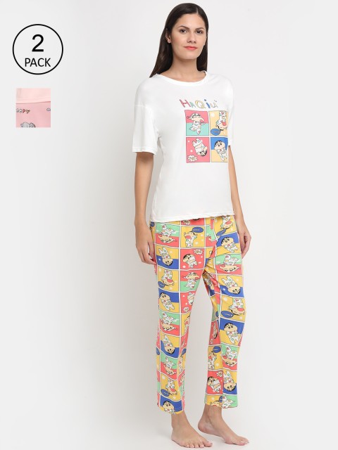 

KLOTTHE Women Multicoloured Set of 2 Cartoon Printed Cotton Blend 3 Piece Night suit, Multi