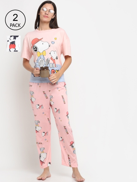 

KLOTTHE Women Multicoloured Set of 2 Cartoon Printed Cotton Blend 3 Piece Night Suit, Multi