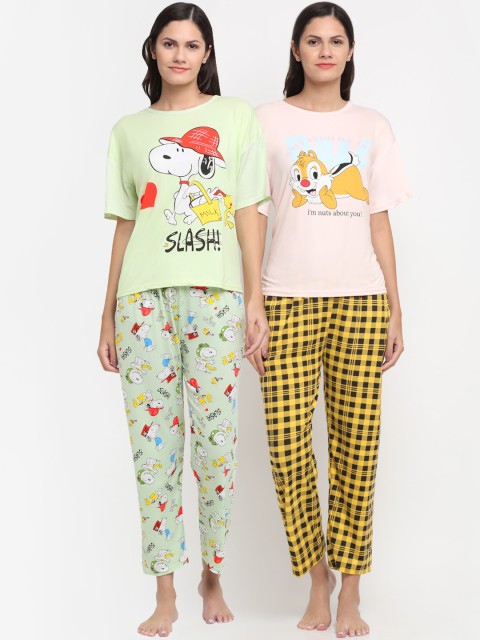 

KLOTTHE Women Pack of 2 Yellow & Green Printed Night suits