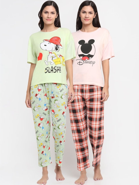 

KLOTTHE Women Set of 2 Green & Pink Printed Night suits