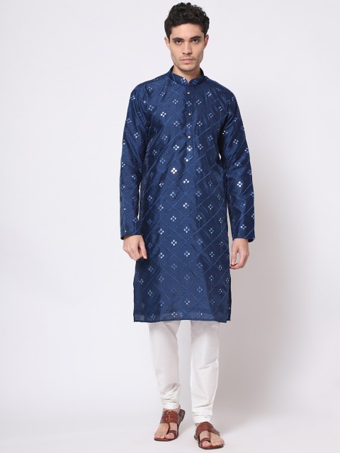 

TORO Men Navy Blue Ethnic Motifs Thread Work Georgette Kurta
