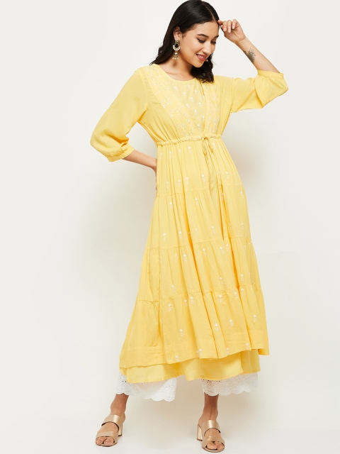 

max Women Yellow Ethnic Motifs Embroidered Layered Kurti with Palazzos