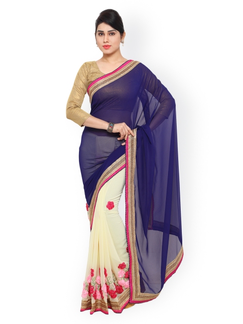 

Kvsfab Navy & Off-White Embroidered Georgette Embellished Saree, Navy blue