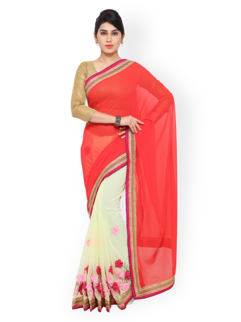 

Kvsfab Coral Red & Off-White Embroidered Georgette Embellished Saree