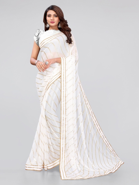 

Mirchi Fashion White & Golden Foil Printed Gotta Patti Leheriya Saree