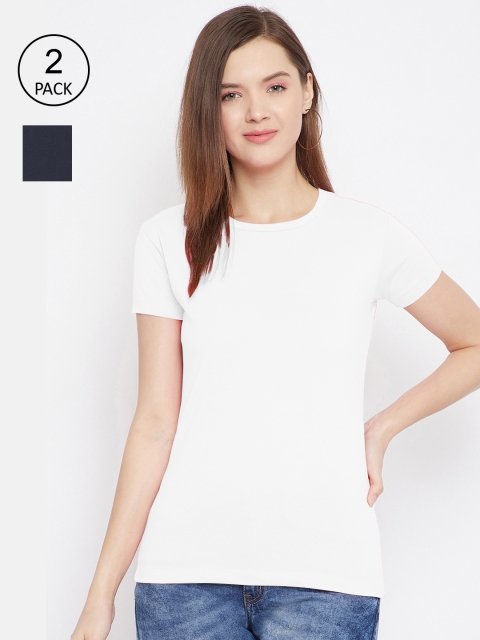 

FRENCH FLEXIOUS Women Pack of 2 Navy Blue & White Solid Round Neck Cotton T-shirt