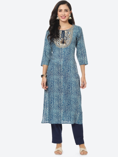 

Meena Bazaar Women Blue Bandhani Printed Keyhole Neck Kurta