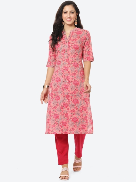 

Meena Bazaar Women Peach-Coloured & Green Floral Printed Cotton Kurta