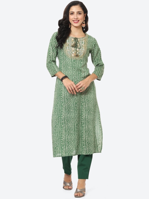 

Meena Bazaar Women Green & White Bandhani Embroidered Kurta