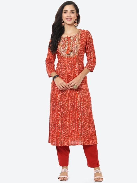 

Meena Bazaar Women Red Bandhani Printed Mirror Work Kurta