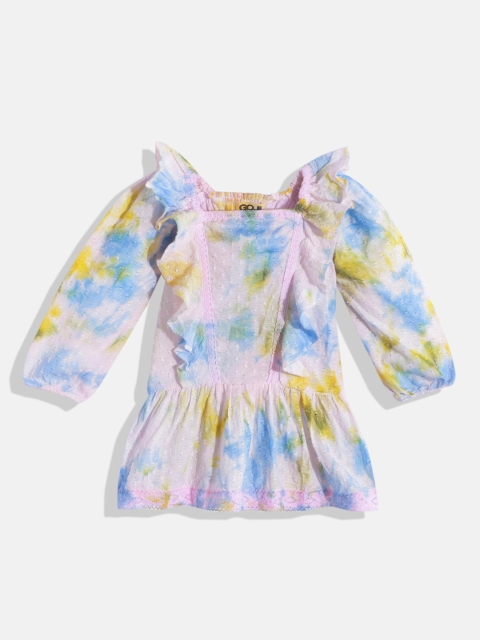 

GOJI Girls White & Blue Pure Cotton Tie and Dye Ruffle Detail Top