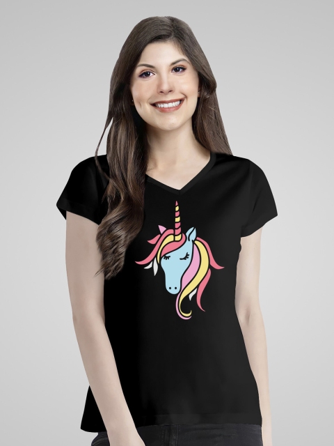 

Pootlu Women Black Printed V-Neck T-shirt