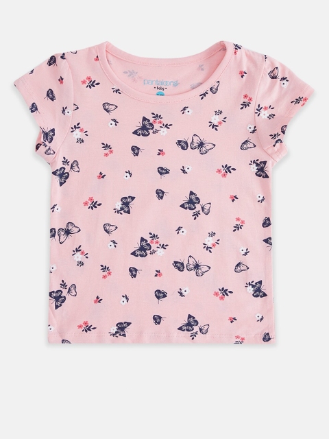 

Pantaloons Baby Girls Pink & White Printed Round Neck Cotton T-shirt
