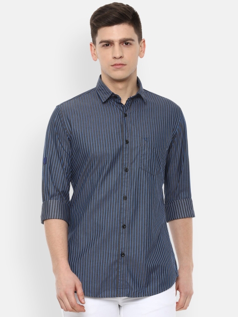 

VAN HEUSEN DENIM LABS Men Charcoal Grey & Blue Slim Fit Striped Pure Cotton Casual Shirt