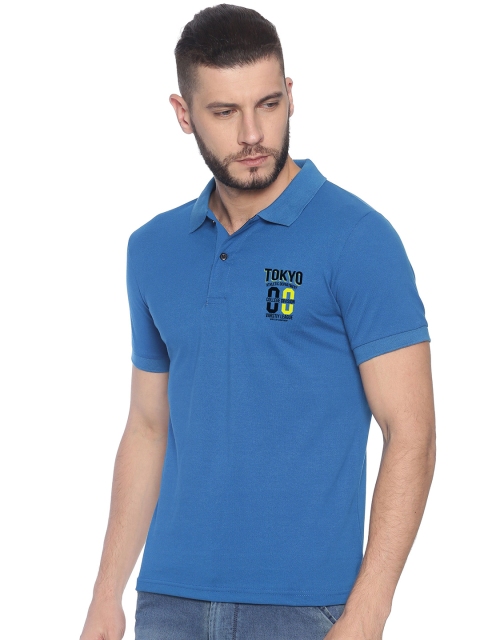 

BLACK RADIO Men Turquoise Blue Polo Collar Applique T-shirt