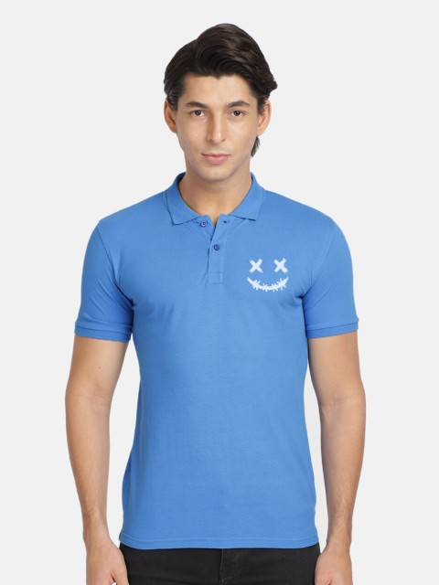

BLACK RADIO Men Blue Polo Collar Placement Print T-shirt