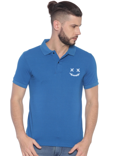 

BLACK RADIO Men Turquoise Blue Polo Collar Applique T-shirt