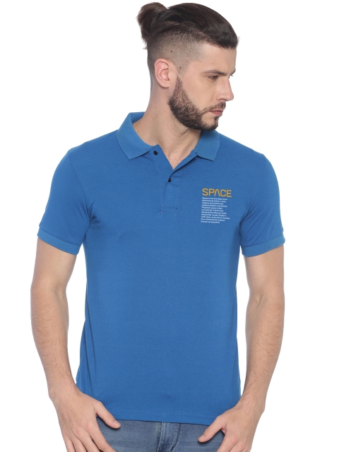 

BLACK RADIO Men Turquoise Blue Polo Collar Applique T-shirt