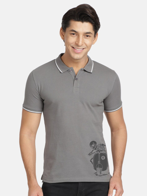 

BLACK RADIO Men Grey Polo Collar Placement Printed T-shirt