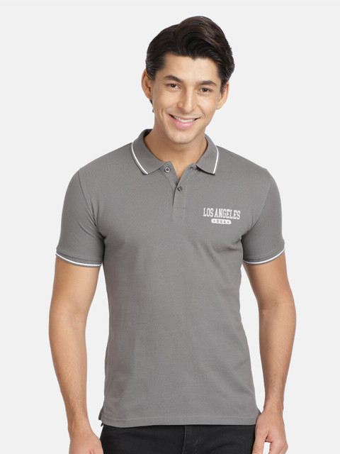 

BLACK RADIO Men Grey Printed Polo Collar Regular Fit Cotton T-shirt