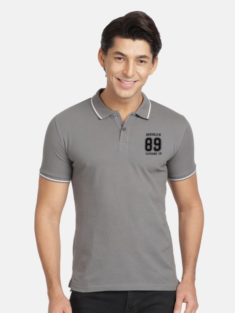 

BLACK RADIO Men Grey Graphic Printed Polo Collar Cotton T-shirt