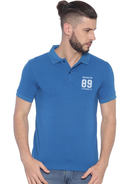 

BLACK RADIO Men Turquoise Blue Polo Collar Applique T-shirt
