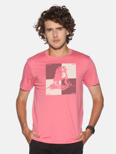 

BLACK RADIO Men Pink Printed Slim Fit Cotton T-shirt