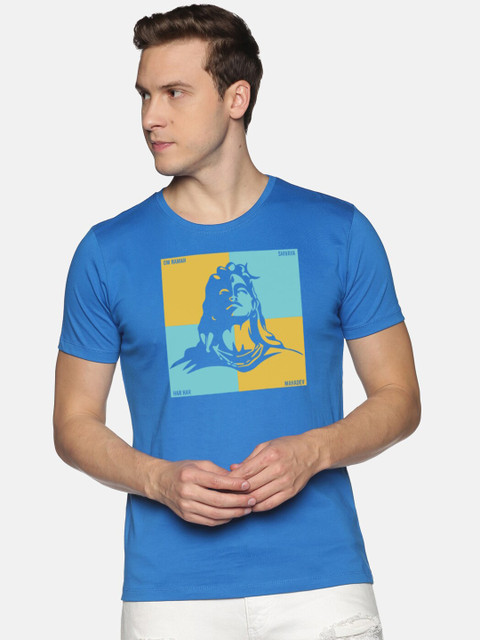 

BLACK RADIO Men Turquoise Blue Printed Slim Fit Cotton T-shirt