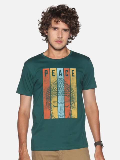 

BLACK RADIO Men Green Printed Slim Fit Cotton T-shirt