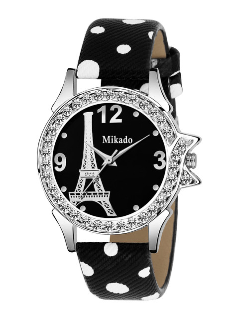 

Mikado Women Black Brass Embellished Dial & Black Leather Straps Analogue Watch VC 9111