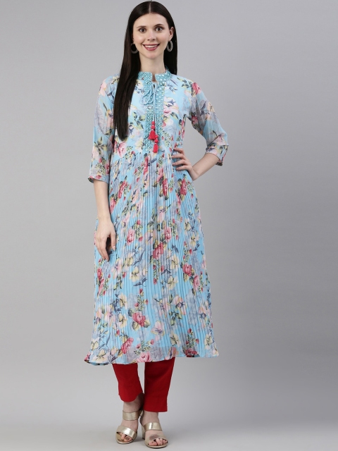 

Neerus Women Blue & Red Floral Printed Georgette Kurta