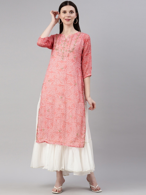 

Neerus Women Orange Bandhani Printed Keyhole Neck Georgette Kurta