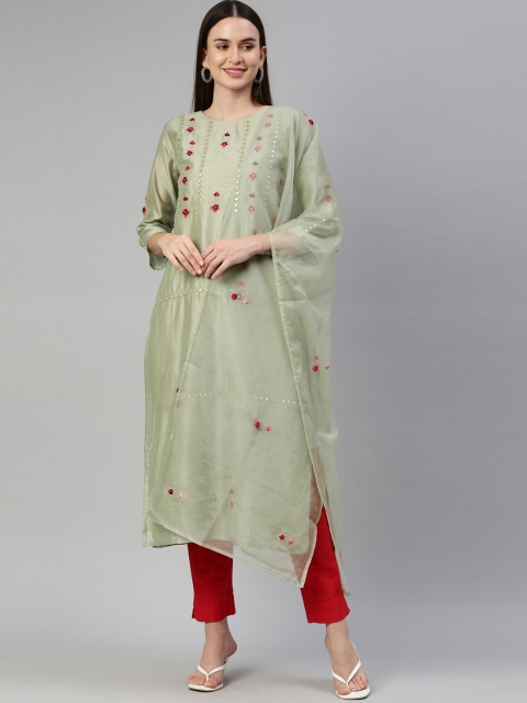 

Neerus Women Olive Green Floral Embroidered Kurta With Dupatta