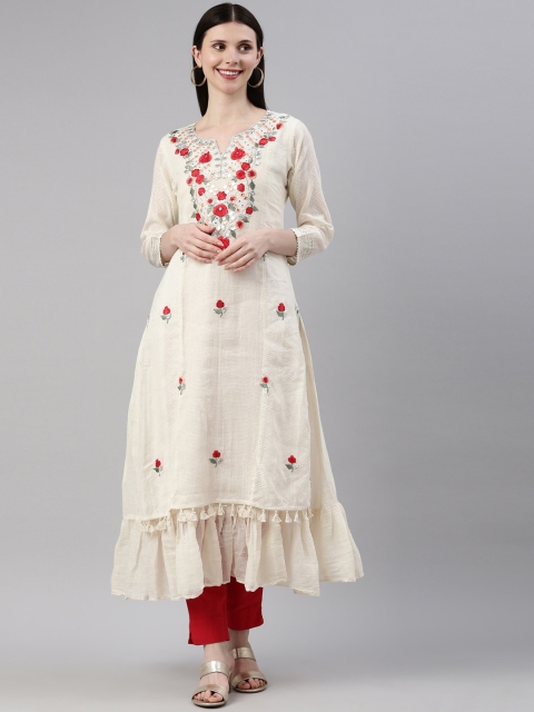 

Neerus Women Cream-Coloured & Red Geometric Embroidered Cotton Anarkali Kurta